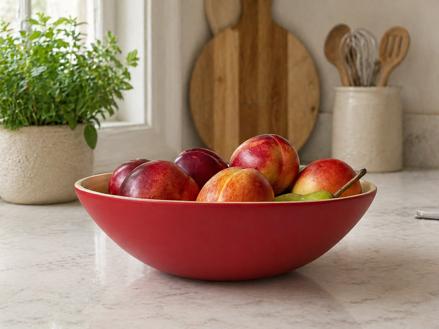 Bamboo Large Wooden Fruit Bowl, 30cm Matte Red