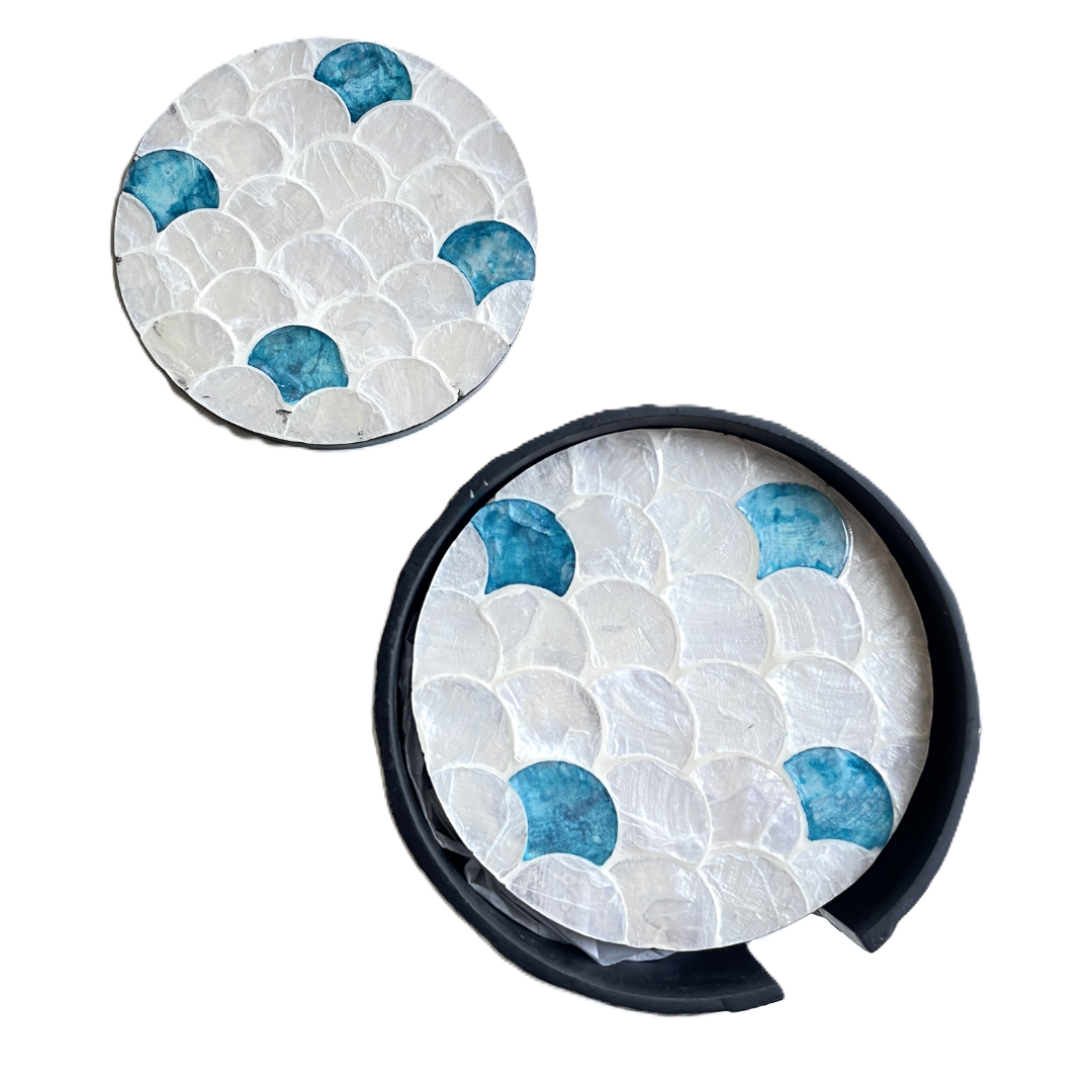 Mother of Pearl Coasters Set of 6 with Holder Box, White-blue fish scale design - Image 2