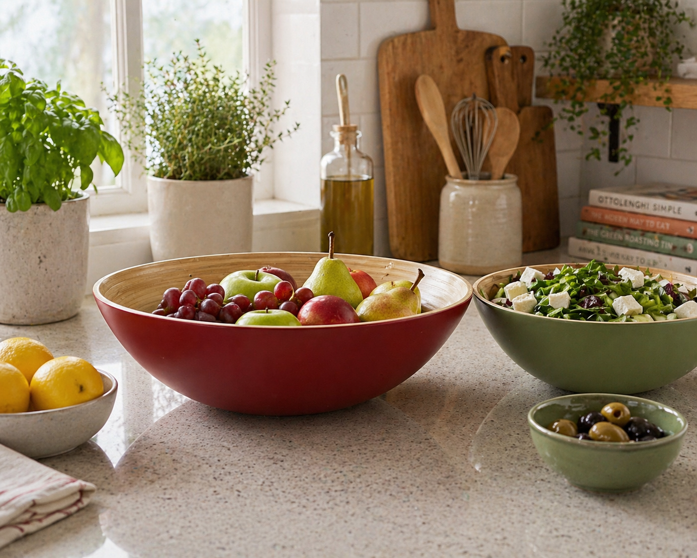 Bamboo Large Wooden Fruit Bowl, 30cm Matte Red - Image 5