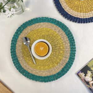 Round Seagrass Placemats Set of 6 Hand-woven Table Mats 30cm, Green