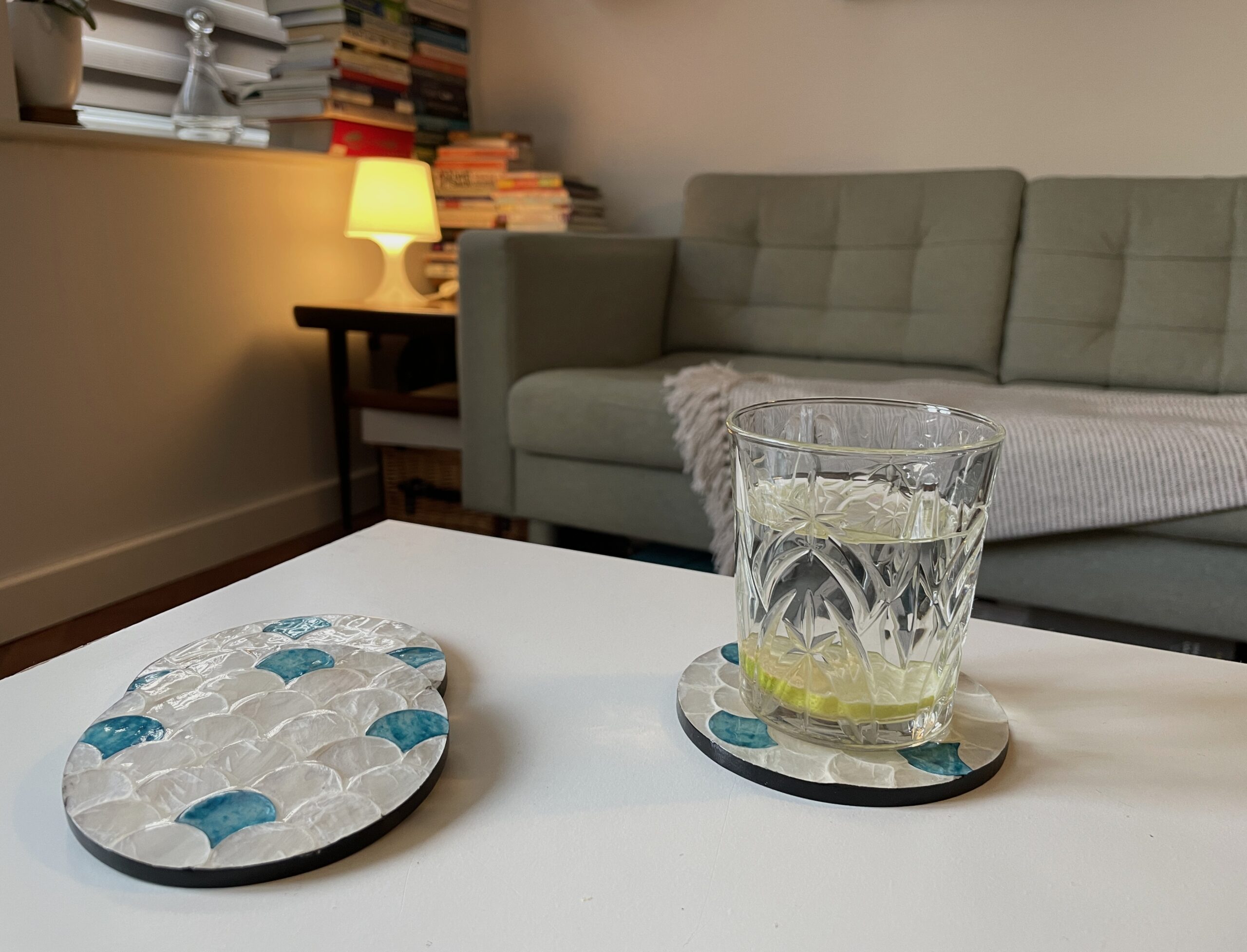 Mother of Pearl Coasters Set of 6 with Holder Box, White-blue fish scale design - Image 4