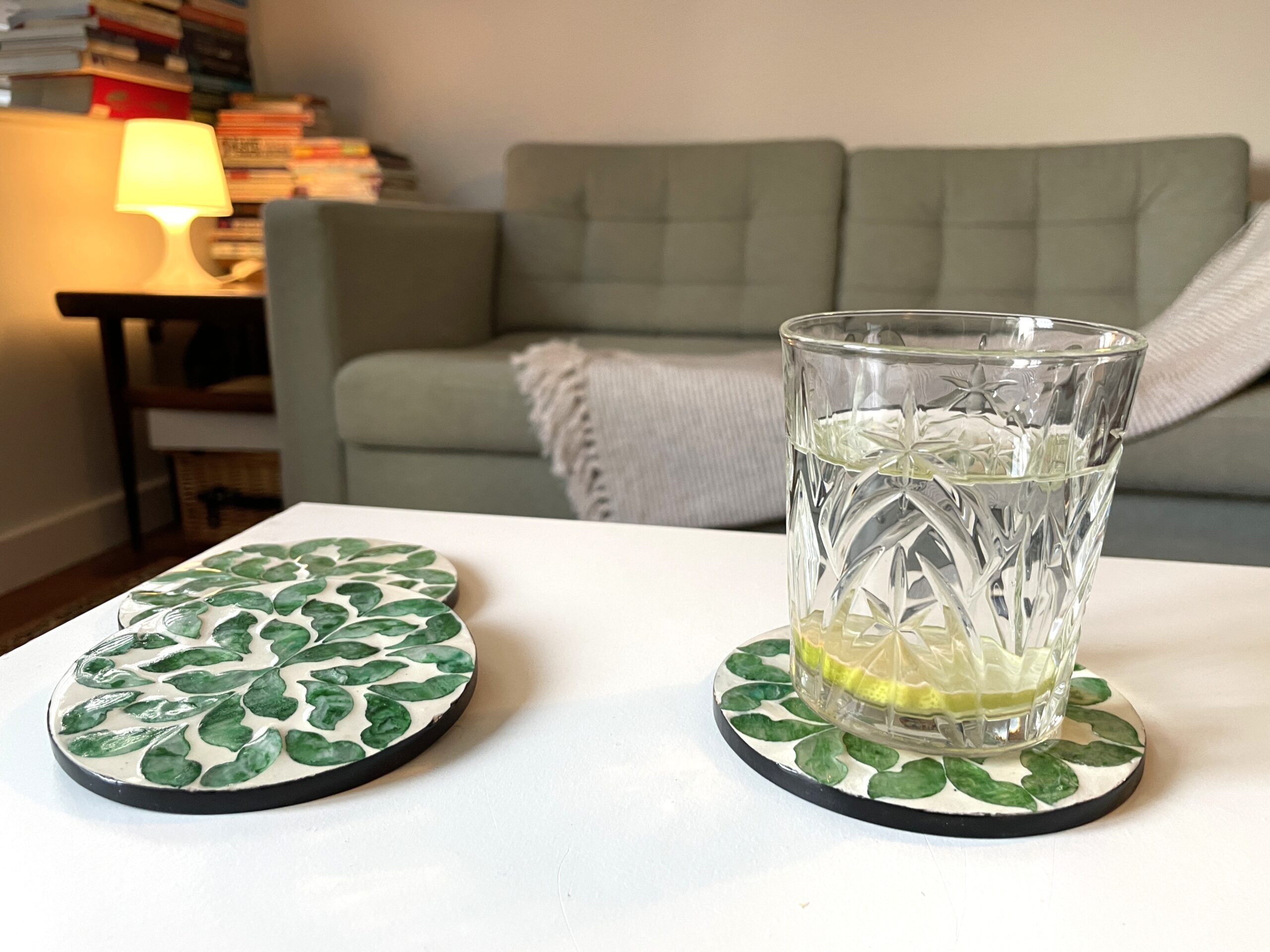 Mother of Pearl Coasters Set of 6 with Holder Box, Green leaf design - Image 4