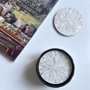 Set of 6 Mother of Pearl Coasters with Storage Holder, White