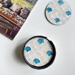 Mother of Pearl Coasters Set of 6 with Holder Box, White-blue fish scale design