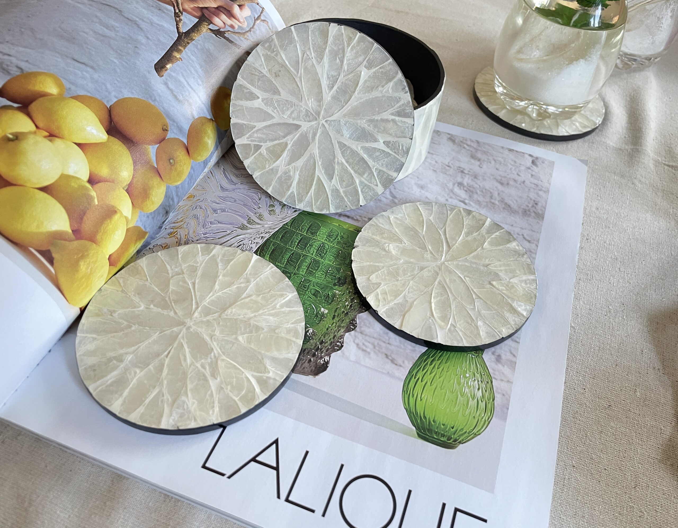 Set of 6 Mother of Pearl Coasters with Storage Holder, White - Image 5