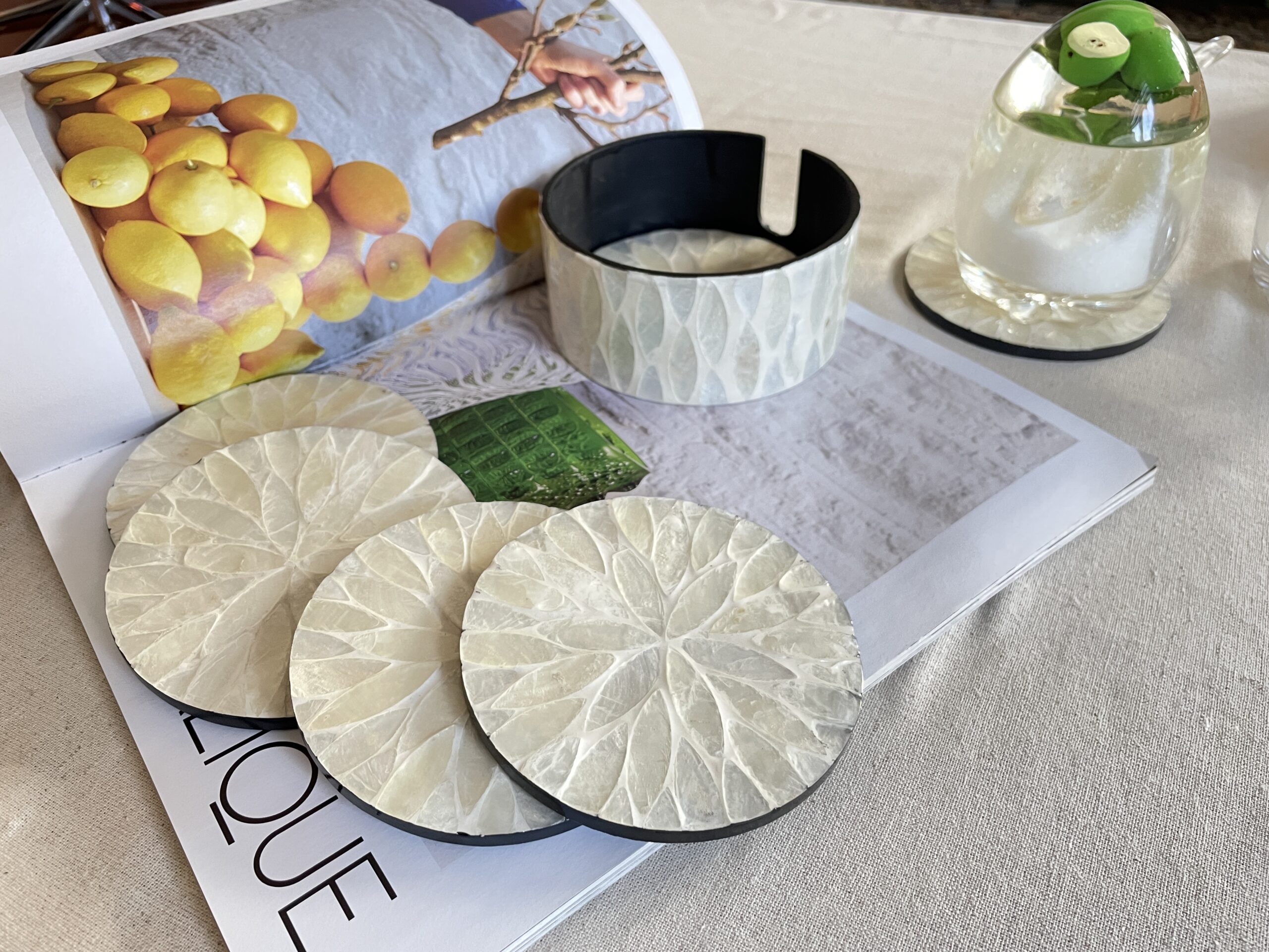 Set of 6 Mother of Pearl Coasters with Storage Holder, White - Image 6