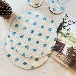 Mother of Pearl Placemat Set 2– Blue & White Fish Scales Handcrafted Dining Table Décor, Elegant Wedding Table Setting, Premium Charger Plate for Occassions