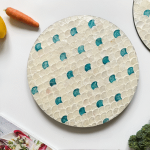 Mother of Pearl Placemat Set 2– Blue & White Fish Scales Handcrafted Dining Table Décor, Elegant Wedding Table Setting, Premium Charger Plate for Occassions