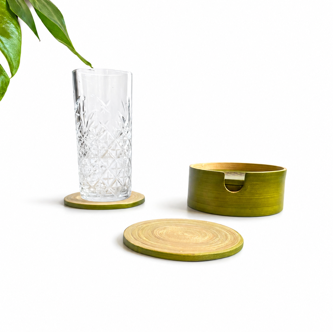Bamboo Coasters Set of 6 Round Non Slip Drink Mats - Image 2