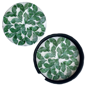 Mother of Pearl Coasters Set of 6 with Holder Box, Green leaf design