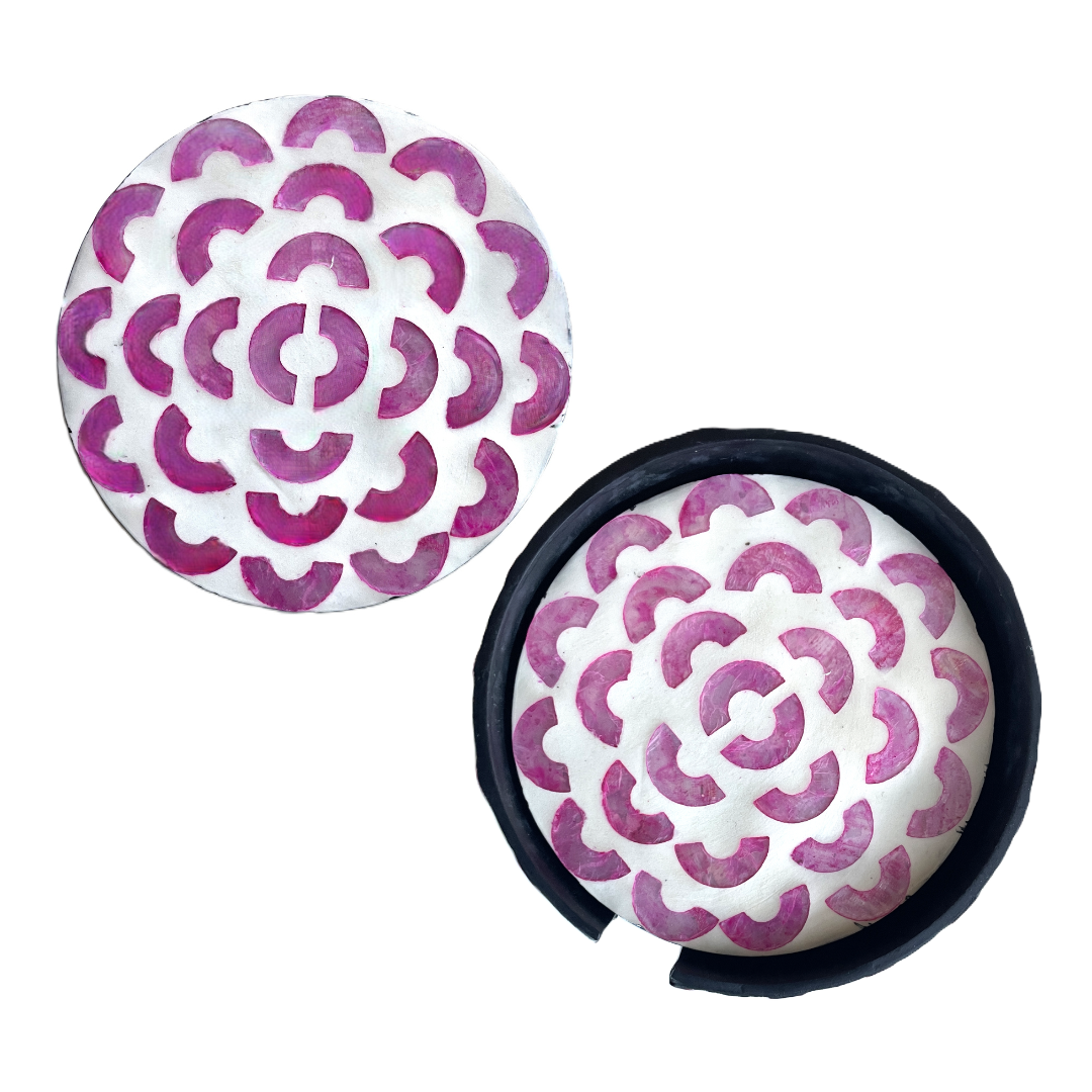 Mother of Pearl Coaster Set of 6 with Holder Box, Pink