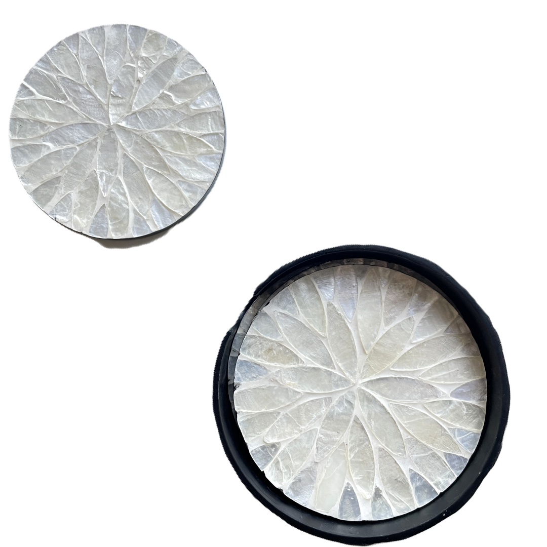 Set of 6 Mother of Pearl Coasters with Storage Holder, White - Image 3