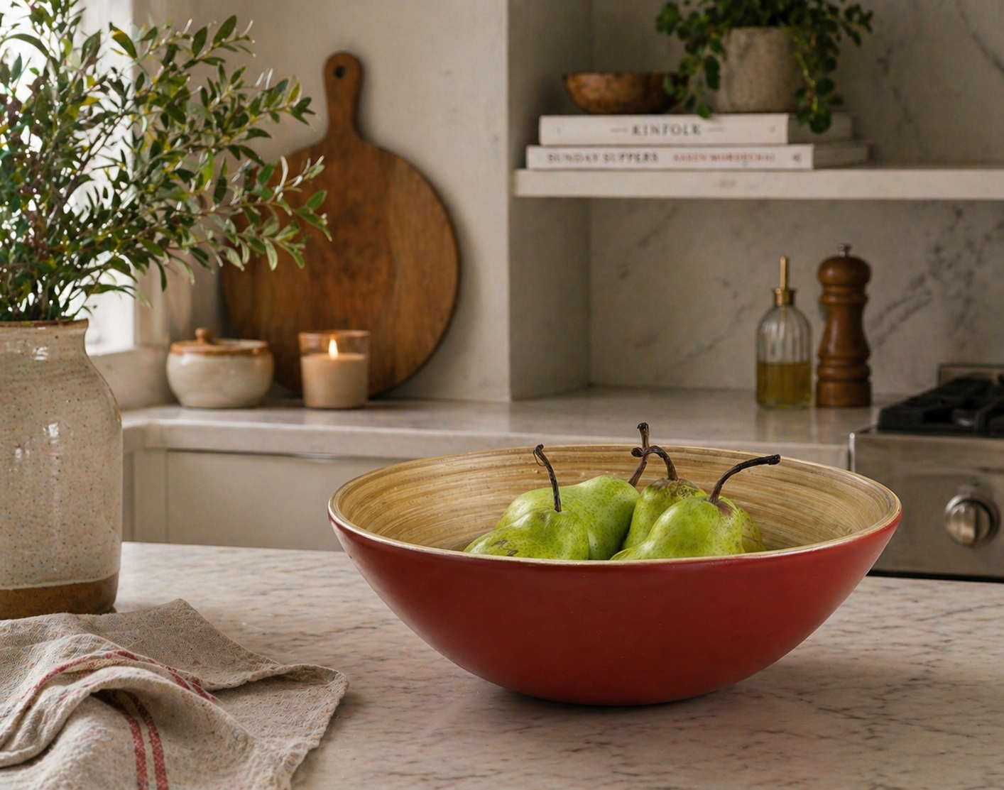 Bamboo Large Wooden Fruit Bowl, 30cm Matte Red - Image 4